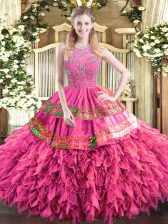 Top Selling Halter Top Sleeveless Zipper Quinceanera Dress Hot Pink Tulle