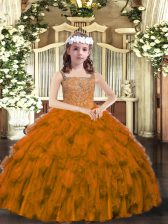 Perfect Sleeveless Organza Floor Length Lace Up Little Girls Pageant Gowns in Brown with Beading and Ruffles