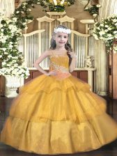  Beading and Ruffled Layers and Sequins Girls Pageant Dresses Gold Lace Up Sleeveless Floor Length