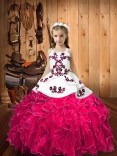  Hot Pink Lace Up Little Girls Pageant Dress Embroidery and Ruffles Sleeveless Floor Length