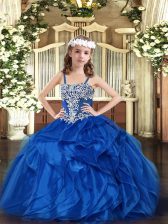  Floor Length Lace Up Pageant Gowns Blue for Party and Quinceanera with Appliques and Ruffles