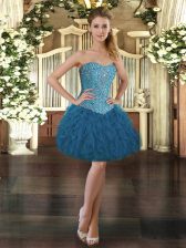 High Class Blue Sleeveless Beading and Ruffles Mini Length Prom Gown