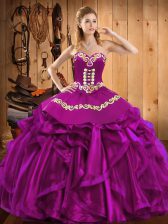 Custom Designed Sweetheart Sleeveless Satin and Organza Quinceanera Dresses Embroidery and Ruffles Lace Up