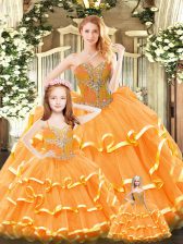  Sweetheart Sleeveless Lace Up Quinceanera Gowns Orange Red Tulle