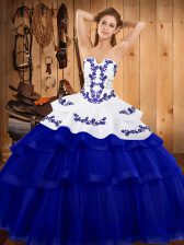  Royal Blue Lace Up Strapless Embroidery and Ruffled Layers Quinceanera Dresses Tulle Sleeveless Sweep Train