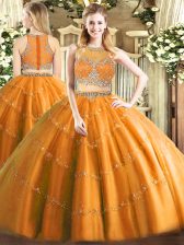  Sleeveless Tulle Floor Length Zipper Vestidos de Quinceanera in Orange with Beading