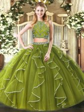 Stylish Olive Green Tulle Zipper Quince Ball Gowns Sleeveless Floor Length Beading and Ruffles