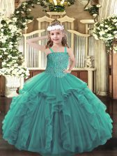 High End Beading and Ruffles Little Girls Pageant Dress Wholesale Turquoise Lace Up Sleeveless Floor Length