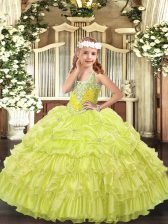  Yellow Green Lace Up V-neck Beading and Ruffled Layers and Pick Ups Little Girl Pageant Dress Organza Sleeveless
