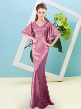 Fine Half Sleeves Floor Length Sequins Zipper Prom Dresses with Pink 