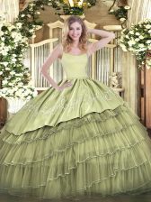 Luxurious Organza Straps Sleeveless Zipper Embroidery and Ruffled Layers Ball Gown Prom Dress in Olive Green