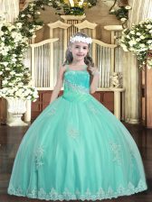 Sleeveless Tulle Floor Length Lace Up Girls Pageant Dresses in Apple Green with Appliques and Sequins