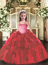  Straps Sleeveless Little Girls Pageant Dress Floor Length Appliques and Ruffles Red Organza