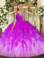  Multi-color Tulle Backless V-neck Sleeveless Floor Length Ball Gown Prom Dress Beading and Ruffles