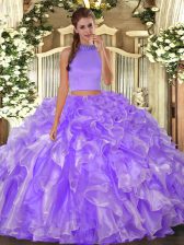 Delicate Lavender Quinceanera Dress Military Ball and Sweet 16 and Quinceanera with Beading and Ruffles Halter Top Sleeveless Backless