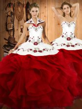  Halter Top Sleeveless Lace Up Sweet 16 Dress Wine Red Satin and Organza