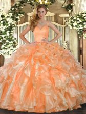 Latest Organza Sweetheart Sleeveless Lace Up Beading and Ruffles Quince Ball Gowns in Orange
