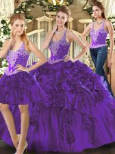  Purple Ball Gowns Tulle Straps Sleeveless Beading and Ruffles Floor Length Lace Up Ball Gown Prom Dress