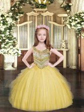  Gold Ball Gowns Beading and Ruffles Little Girls Pageant Dress Lace Up Tulle Sleeveless Floor Length