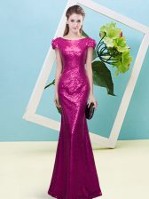 Fantastic Fuchsia Sequined Zipper Dress for Prom Cap Sleeves Floor Length Sequins