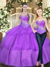  Sleeveless Tulle Floor Length Lace Up Quince Ball Gowns in Eggplant Purple with Beading and Ruffled Layers
