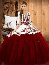 Affordable Sweetheart Sleeveless Lace Up Quinceanera Gowns Wine Red Satin and Tulle