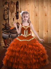  Rust Red Organza Lace Up Straps Sleeveless Floor Length Kids Pageant Dress Embroidery and Ruffled Layers