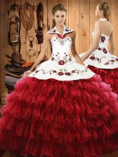  Embroidery and Ruffled Layers Sweet 16 Dress Wine Red Lace Up Sleeveless Floor Length