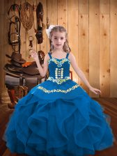 Latest Ball Gowns Kids Pageant Dress Blue Straps Organza Sleeveless Floor Length Lace Up