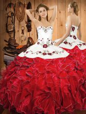 Admirable White And Red Lace Up Ball Gown Prom Dress Embroidery and Ruffles Sleeveless Floor Length