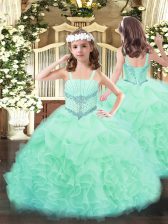 Classical Sleeveless Floor Length Beading and Ruffles and Pick Ups Lace Up Little Girl Pageant Gowns with Apple Green