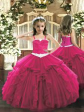 Gorgeous Floor Length Lace Up Little Girl Pageant Dress Hot Pink for Party and Quinceanera with Appliques and Ruffles