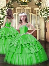  Sleeveless Organza and Taffeta Floor Length Lace Up Little Girls Pageant Dress in Green with Beading and Ruffled Layers