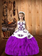 Classical Eggplant Purple Ball Gowns Straps Sleeveless Organza Floor Length Lace Up Embroidery and Ruffles Little Girls Pageant Dress