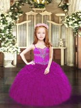  Fuchsia Sleeveless Floor Length Beading and Ruffles Lace Up Little Girls Pageant Gowns
