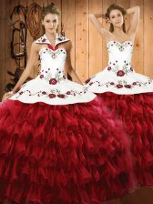  Organza Halter Top Sleeveless Lace Up Embroidery and Ruffled Layers Quinceanera Dresses in Wine Red