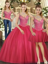 Customized Straps Sleeveless Tulle Ball Gown Prom Dress Beading Lace Up