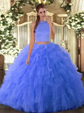 Sexy Blue Sleeveless Beading and Ruffles Floor Length Quinceanera Gown