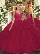 Deluxe Fuchsia Sleeveless Beading and Ruffles Floor Length Quinceanera Gown