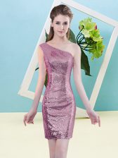  Fuchsia Column/Sheath Sequined One Shoulder Sleeveless Sequins Mini Length Zipper Prom Dress