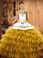  Embroidery and Ruffled Layers Sweet 16 Dresses Gold Lace Up Sleeveless Floor Length