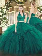  Dark Green Halter Top Neckline Ruffles Ball Gown Prom Dress Sleeveless Zipper