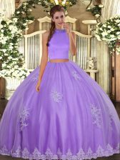  Lavender Halter Top Backless Beading and Appliques Ball Gown Prom Dress Sleeveless