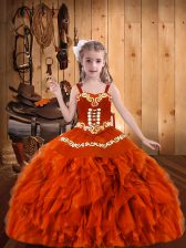 Most Popular Organza Straps Sleeveless Lace Up Embroidery and Ruffles High School Pageant Dress in Orange Red