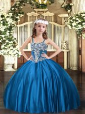 Classical Satin Straps Sleeveless Lace Up Appliques Little Girl Pageant Dress in Blue