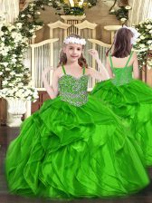  Green Lace Up Straps Beading and Ruffles Kids Pageant Dress Organza Sleeveless