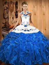 On Sale Blue And White Ball Gowns Satin and Organza Halter Top Sleeveless Embroidery and Ruffles Floor Length Lace Up Quinceanera Gowns