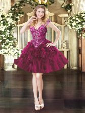 Beautiful Fuchsia Ball Gowns V-neck Sleeveless Organza Mini Length Lace Up Beading and Ruffles Prom Dress