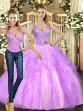 Excellent Lilac Lace Up Quinceanera Gown Beading and Ruffles Sleeveless Floor Length