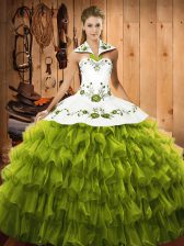  Sleeveless Floor Length Embroidery and Ruffled Layers Lace Up 15 Quinceanera Dress with Olive Green